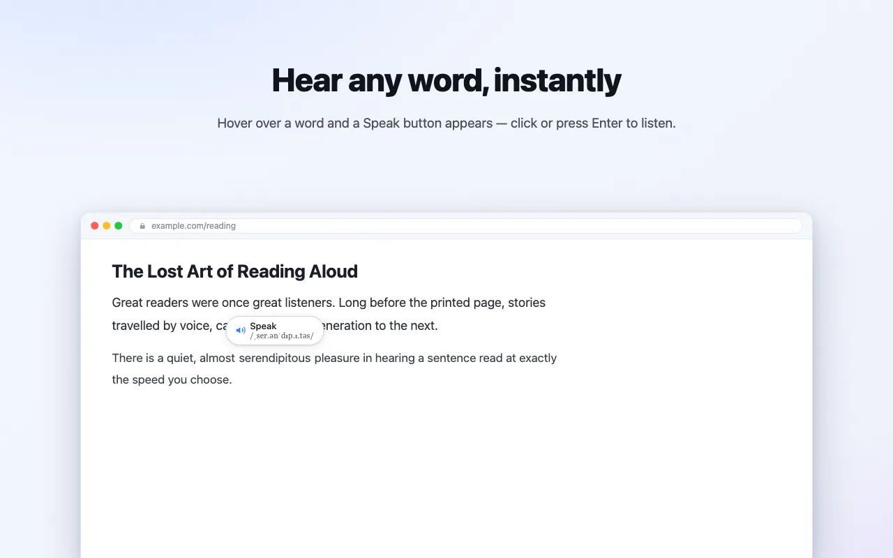 SpeakPeek showing a Speak button and IPA for a hovered word on a webpage