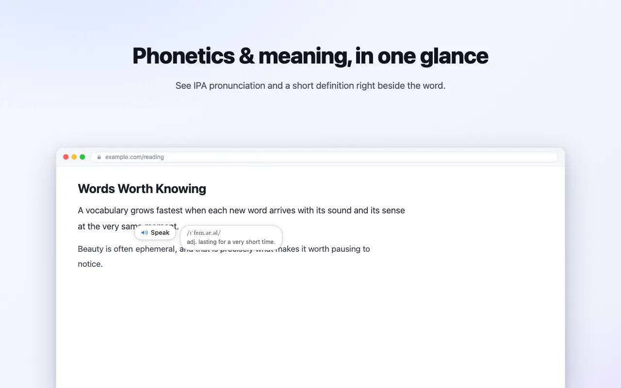 Phonetics and a short definition beside the Speak button