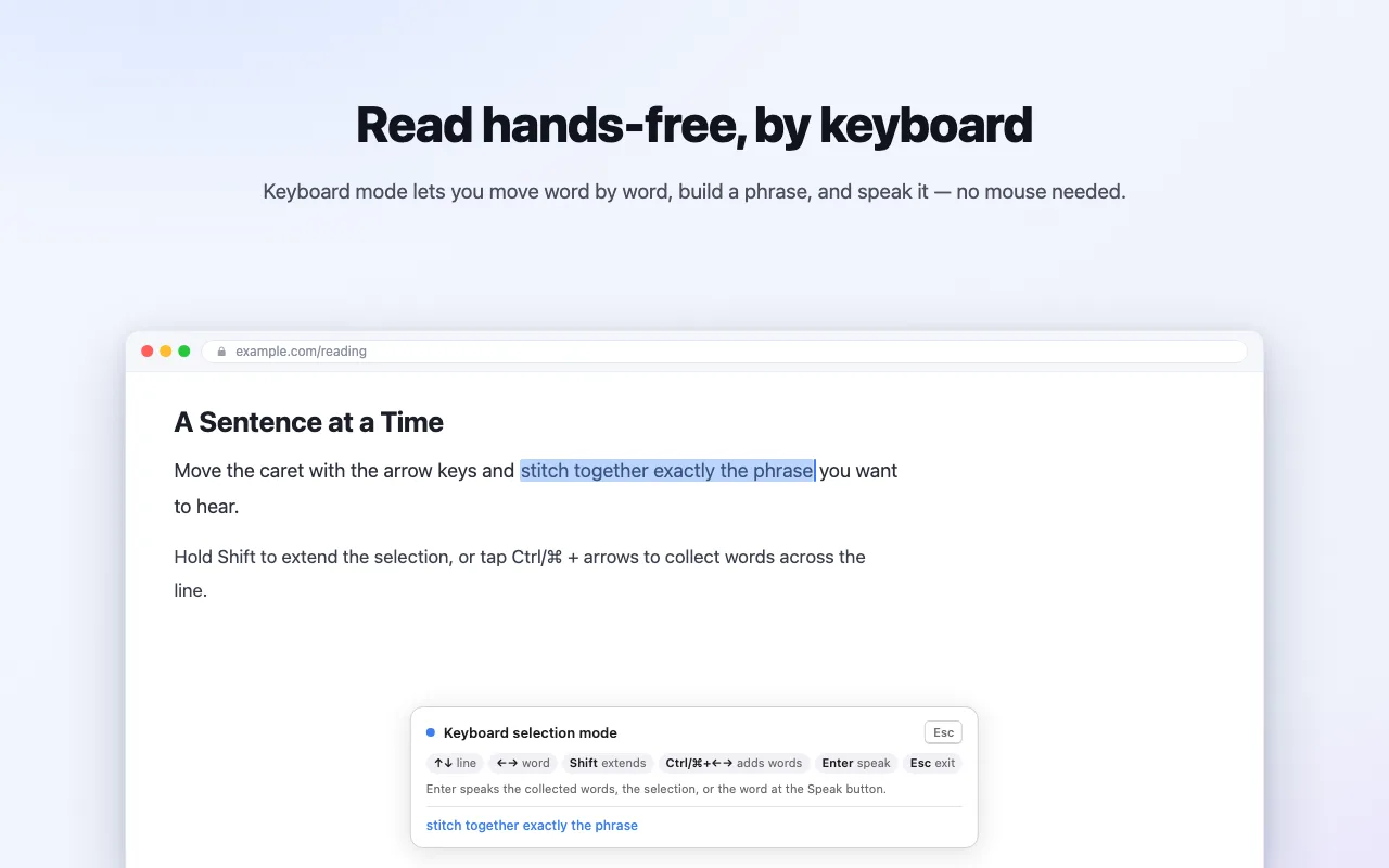 Selecting and speaking words one by one in keyboard mode